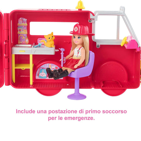 Barbie Chelsea Camion dei Pompieri Playset Bambola e Camion Pompieri Ripiegabile