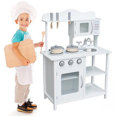Cucina in legno Giocattolo Bambini con Pentole e Accessori Gioco Bianco 60x30x85