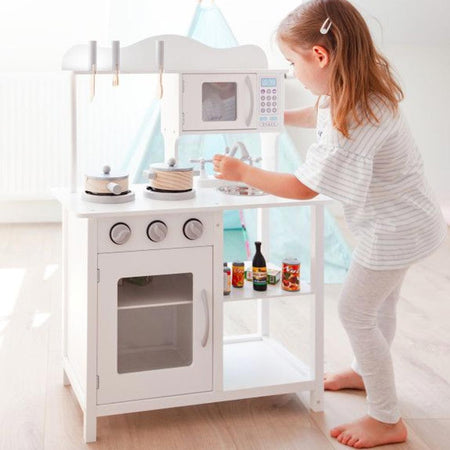 Cucina in legno Giocattolo Bambini con Pentole e Accessori Gioco Bianco 60x30x85
