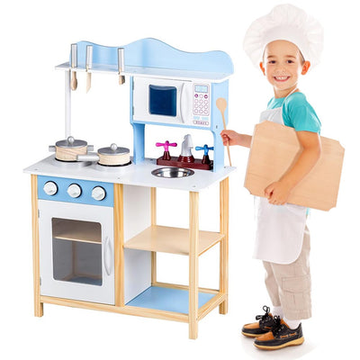 Cucina in legno Giocattolo Bambini con Pentole e Accessori Gioco Blu 60x30x85cm