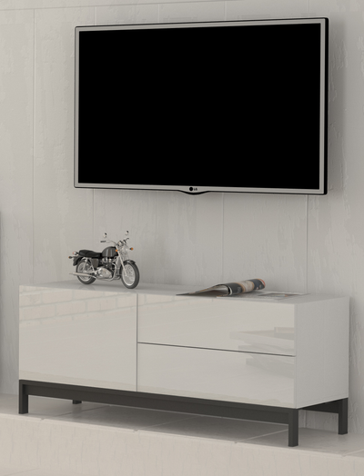 Mobile Porta TV Metis 110 con piedistallo in metallo nero – 1 anta + 2 cassetti – Bianco Lucido Tecnos