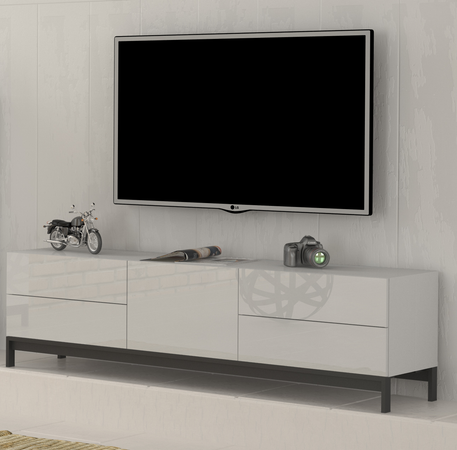 Mobile Porta TV Metis 170 con piedistallo in metallo nero – 1 anta + 4 cassetti – Bianco Lucido