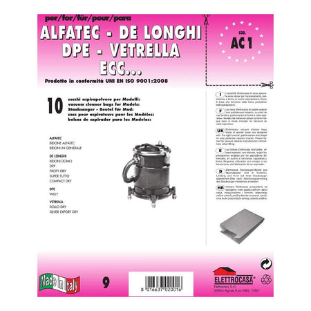 Sacchetto aspirapolvere Elettrocasa AC 1 per Alfatec De Longhi Confezione da 10 pezzi