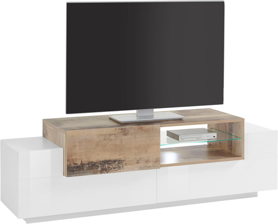 Porta TV New Coro 160 – 2+1 ante con ripiano in vetro – Bianco Lucido/Acero Pereira Tecnos