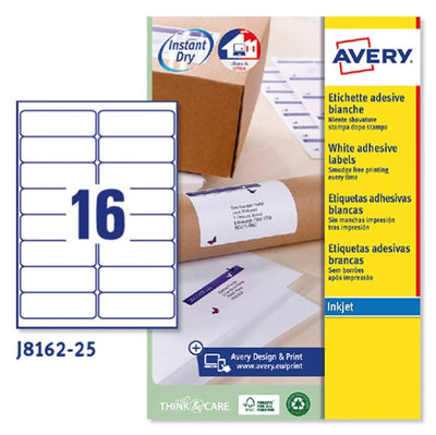 Etichetta adesiva J8162 Avery - bianco - adatta a stampanti inkjet - 99.1x33.9 mm - 16 etichette per foglio - conf. 25 fogli A4 Cancelleria e prodotti per ufficio/Archivio ufficio e accessori per scrivania/Etichette divisori per schedario e timbri/Etichette ed etichette adesive/Etichette per stampanti Eurocartuccia - Pavullo, Commerciovirtuoso.it