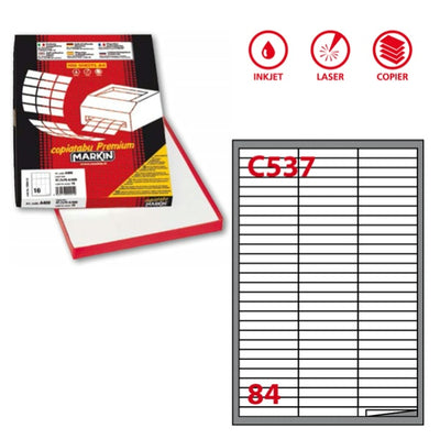 Etichetta adesiva C537 - permanente - 67x10 mm - 84 etichette per foglio - bianco - Markin - scatola 100 fogli A4 Cancelleria e prodotti per ufficio/Archivio ufficio e accessori per scrivania/Etichette divisori per schedario e timbri/Etichette ed etichette adesive/Etichette per stampanti Eurocartuccia - Pavullo, Commerciovirtuoso.it