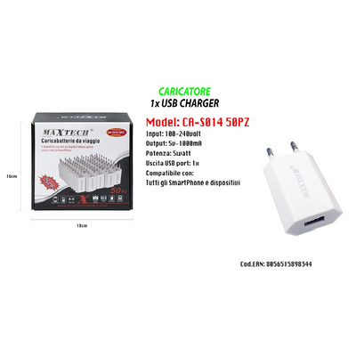 Set 50 Caricatori Usb Smartphone 5v-1000ma Caricabatteria Maxtech Ca-s014 50pz