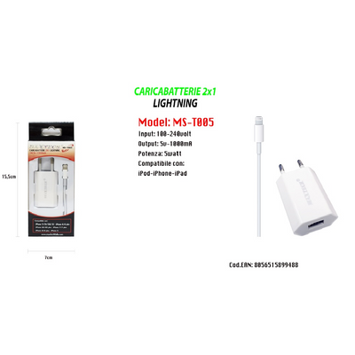 Caricabatterie 2x1 Lightning Maxtech Con Adattatore Per Iphone 5v-1500ma 1mt Ms-t005 Caricabatteria Trade Shop italia - Napoli, Commerciovirtuoso.it