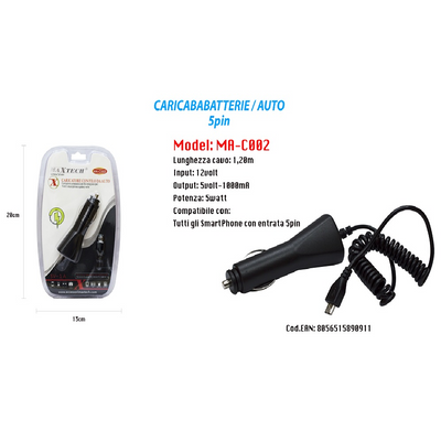 Caricabatteria Usb Caricatore Cavo 1,20m Da Auto Ricarica Smartphone 5v-1000ma Maxtech Ma-c002