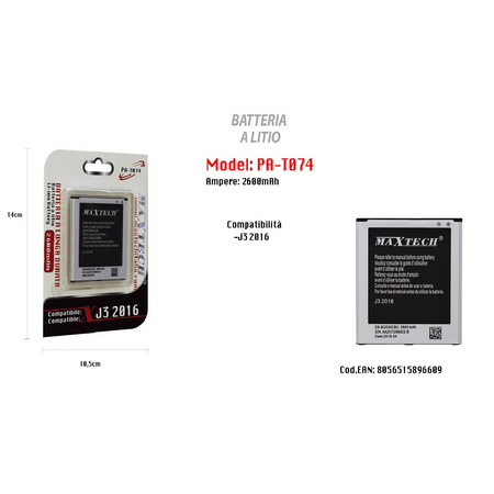 Batteria Litio Lunga Durata Compatibile Samsung J3 2016 Maxtech 2600mah Pa-t074