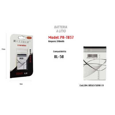Batteria Compatibile A Litio Bl-5b 890 Mah Li-ion Cellulare Maxtech Pa-t037 Batterie per Cellulari Trade Shop italia - Napoli, Commerciovirtuoso.it