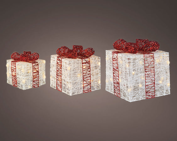 Set 3 pacchi regalo in resina luminoso color bianco e rosso per uso interno ed esterno Casa e cucina/Decorazioni per interni/Addobbi e decorazioni per ricorrenze/Decorazioni natalizie/Luci natalizie/Catene luminose per esterni MagiediNatale.it - Altamura, Commerciovirtuoso.it