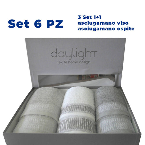 art. londra daylight Set 6 pezzi completo spugna 3 + 3 ----- 3 asciugamano viso e 3 asciugamano ospiti bianco colori neutri tessile L'Orchidea - Siderno, Commerciovirtuoso.it
