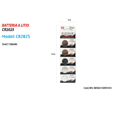 5 Batterie A Litio Pile Cr2025 3v 150mah A Bottone Per Orologi Telecomandi Maxtech