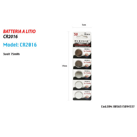 5 Batterie Pile Cr2016 3v 75mah Batteria A Bottone Per Orologi Telecomandi Maxtech
