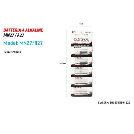 5 Pile Batteria Alkaline Mn27/a27 12v Pila Alcalina 26mah Per Telecomando Maxtech