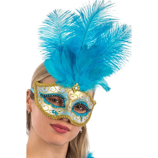 Maschera In Plastica con glitter Azzurri e Oro, Gemma e Piume Elegante  Mascherina da Donna - commercioVirtuoso.it