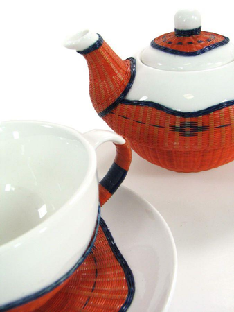Teiera con tazza decoro bambu' arancione tazza e teiera