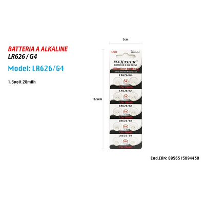 Pile Batteria Alkaline Lr626/g4 1.5v 28mah A Bottone Orologi Telecomandi Maxtech Casa, arredamento e bricolage > Materiale Elettrico > Batterie e Pile Trade Shop italia - Napoli, Commerciovirtuoso.it
