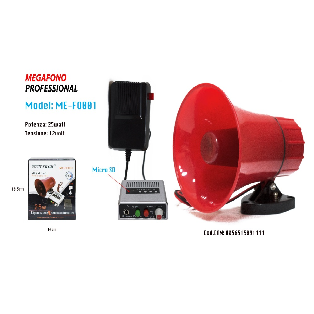 Megafono Professionale 25w 12v Riproduzione Sonora Automatica Maxtech  Me-fo001 