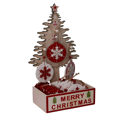 Albero Di Natale espositore legno naturale c/24 decorazioni sfera cm18x12h32