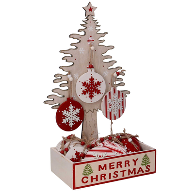 Albero Di Natale espositore legno naturale c/24 decorazioni sfera cm24x14h42