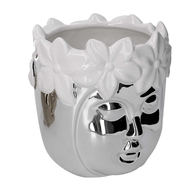 Portavaso ceramica viso argento con fiori bianco tondo cm ø17,2h19,7 Vacchetti
