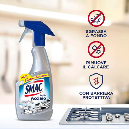 4 x 520 ml Smac Brilla Acciaio Detergente Spray Azione Anticalcare e Lucidante