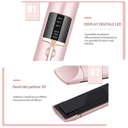 Piastra per Capelli Senza Fili Portatile Rosa Ricaricabile USB Cordless Display