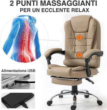 Poltrona Massaggiante USB Sedia Scrivania Ufficio Reclinabile + Poggiapiedi Beig