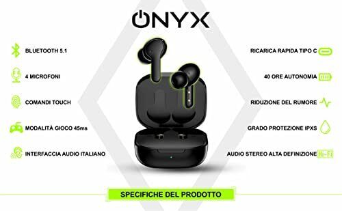 ONYX Auricolari Bluetooth wireless, 4 microfoni, controlli touch, compatibile con Android, iOS, iPhone, PC, TV, PS5 Elettronica/Cuffie auricolari e accessori/Cuffie/Cuffie In-Ear Grow Up - Casoria, Commerciovirtuoso.it