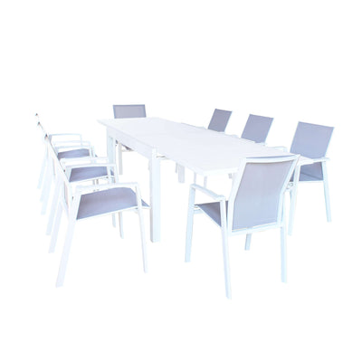JERRI - set tavolo in alluminio cm 135/270x90x75 h con 8 sedute Bianco Milani Home