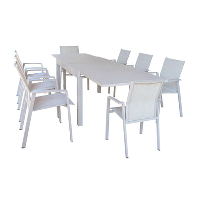 JERRI - set tavolo in alluminio cm 135/270x90x75 h con 8 sedute Tortora Milani Home