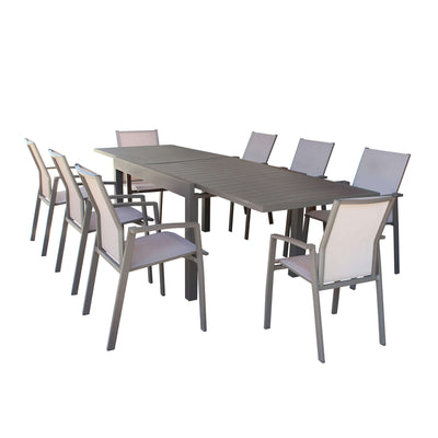 JERRI - set tavolo in alluminio cm 135/270x90x75 h con 8 sedute Taupe Milani Home
