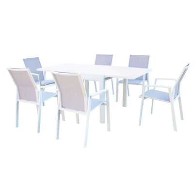 JERRI - set tavolo in alluminio cm 90/180x90x75 h con 6 sedute Bianco Milani Home