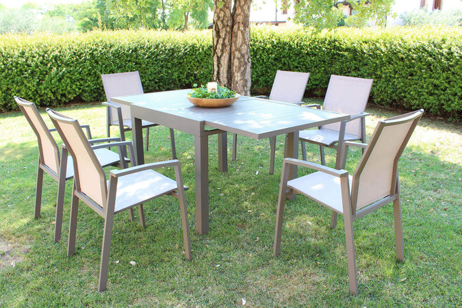 JERRI - set tavolo in alluminio cm 90/180x90x75 h con 6 sedute Taupe Milani Home