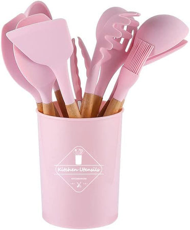 Set 11 utensili da cucina in silicone e legno naturale rosa 