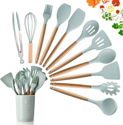 Set 12 pz utensili da cucina in silicone e legno naturale verde