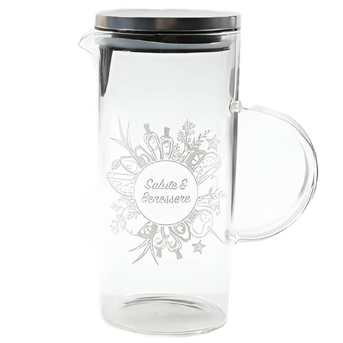 Caraffa in vetro Borosilicato decorata con scritta Salute e Benessere da 1300 mL Casa e cucina/Stoviglie/Bicchieri e cristalli/Brocche carraffe e decanter/Brocche e caraffe La Zappa - Altamura, Commerciovirtuoso.it