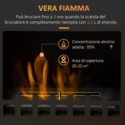 Camino Bioetanolo In Metallo Da 3h Di Combustione Con Serbatoio Da 1.2l E Copertura 25m², 41x25x54 Cm, Nero