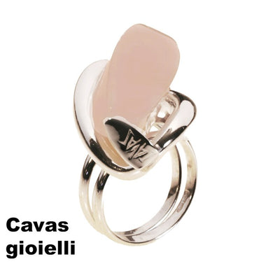 Anello  argento con pietra dura in quarzo rosa  a forma cilindrica
