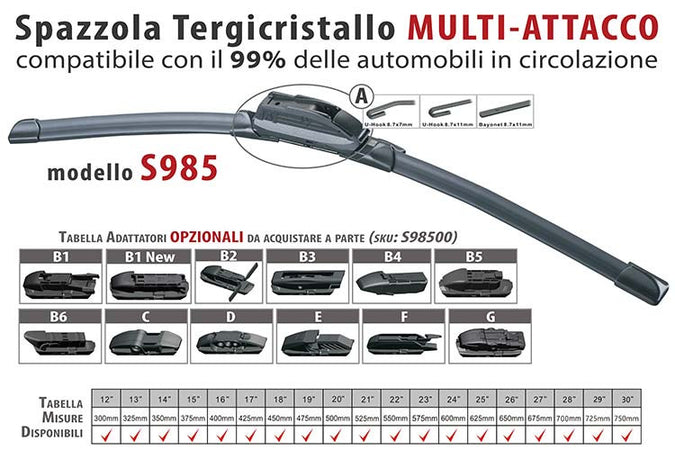 Spazzola Tergicristallo Auto Universale S985 22'' 550mm Carall 16 Attacchi Opzionale Auto e Moto/Parti per auto/Tergicristalli e parti/Spazzole di ricambio Scontolo.net - Potenza, Commerciovirtuoso.it