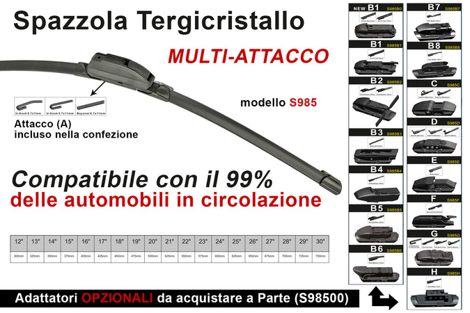 Spazzola Tergicristallo Auto Universale S985 28'' 700mm Carall 16 Attacchi Opzionale