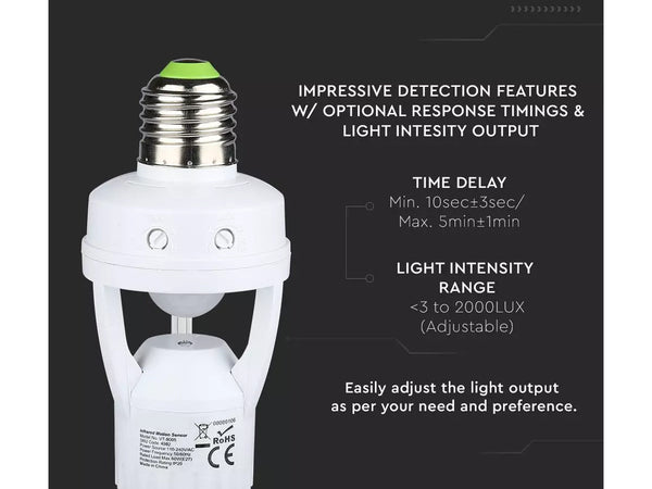 Sensore PIR Movimento e Crepuscolare Timer Con Attacco E27 Per Lampada E27 220V 360 Gradi SKU-4982 V-Tac