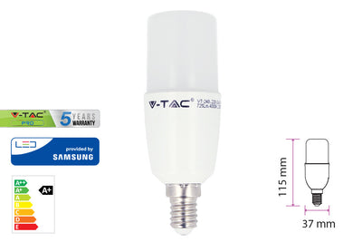 Lampada Led E14 T37 8W 220V Bianco Caldo Forma Cilindro Chip Samsung Garanzia 5 Anni SKU-267 V-Tac