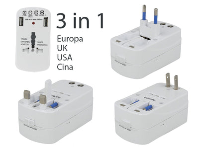 Adattatore Universale da Viaggio con Protezione da Sovraccarico 2 USB 5V 2A 3 Spine Per Europa UK USA Cina America SKU-8704