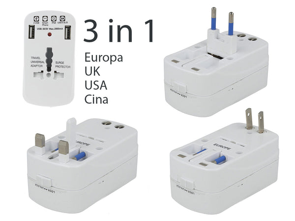 Adattatore Universale da Viaggio con Protezione da Sovraccarico 2 USB 5V 2A 3 Spine Per Europa UK USA Cina America SKU-8704 Fai da te/Materiale elettrico/Multiprese Scontolo.net - Potenza, Commerciovirtuoso.it