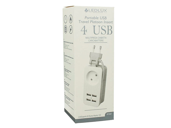 Multipresa Ciabatta Elettrica Caricabatterie 4 Porte USB 5V 2,4A Fast Charge 1 Posto 2P 10A Cavo 1,5 Metri Bianco Ledlux