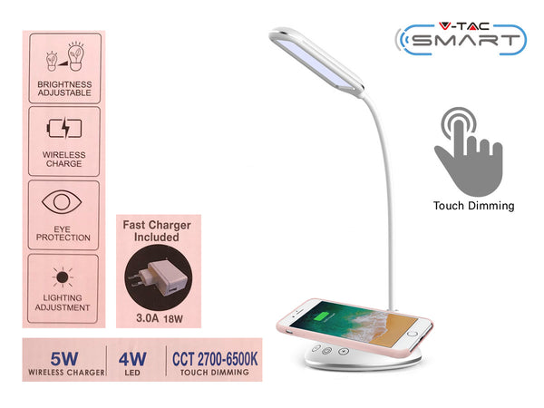 Lampada Led Da Tavolo 4W CCT Dimmerabile Con Caricatore Wireless QI Smartphone Base Rotondo SKU-8605 V-Tac