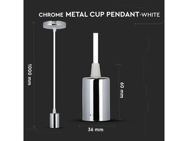 Lampada A Sospensione Cilindro in Metallo Cromato Attacco E27 Cavo Bianco SKU-3755 V-Tac